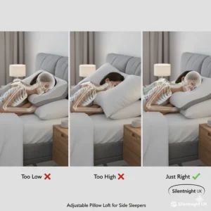 A professional photograph showing the ideal height and loft of a pillow to maintain a neutral posture while sleeping on one's side.