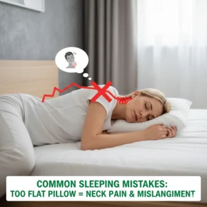 Illustration of poor sleeping posture with a pillow that is too flat, causing neck strain and misalignment for a side sleeper.