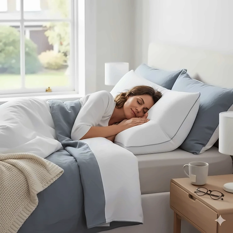 A person sleeping comfortably on an orthopaedic pillow designed to relieve neck pain, featuring a supportive memory foam contour in a bright British bedroom. best pillow for neck pain uk