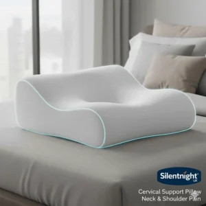 A cervical support pillow cradling the head and neck to alleviate morning stiffness and chronic shoulder discomfort for side sleepers.