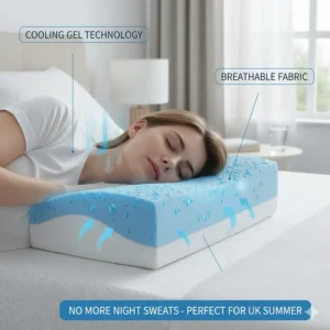Illustration of a cooling gel memory foam pillow designed to prevent overheating for UK side sleepers during summer.