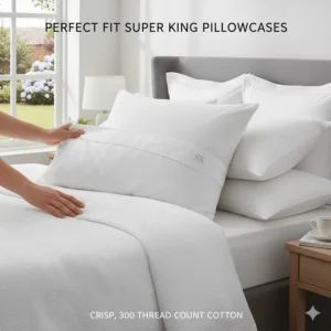 A pair of crisp white 300 thread count cotton pillowcases designed to fit super king pillows perfectly.