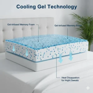 Alt text for image 3 Illustration of a gel-infused memory foam pillow layer designed to dissipate body heat for night sweats.
