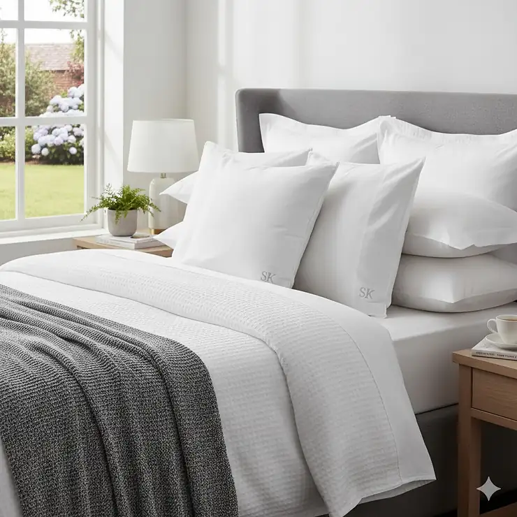A pair of luxury white cotton super king pillows styled on a large bed in a modern British home.