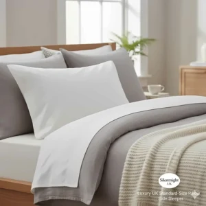 A UK standard-sized luxury pillow with a soft cotton cover, styled on a contemporary bed with natural British lighting.