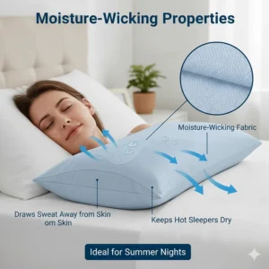 Alt text for image 8 Diagram of moisture-wicking fabric drawing sweat away from the skin to keep hot sleepers dry during summer nights.