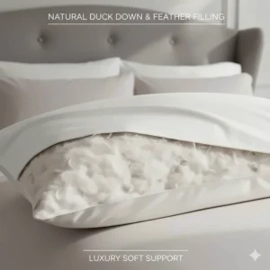 Close-up illustration of the natural duck down and feather filling inside a high-quality super king pillow.
