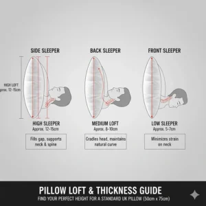 Side profile of a standard pillow showing various loft heights suitable for side, back, or front sleepers.