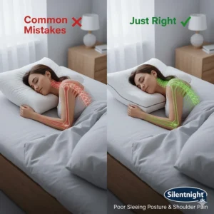 An illustration highlighting the risks of poor sleeping posture and how a flat, unsupportive pillow causes shoulder collapse and pain.
