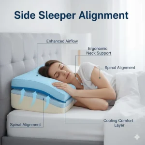 Alt text for image 6 Illustration of a cooling pillow providing ergonomic neck support for a side sleeper to improve sleep quality.