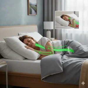 Illustration of correct spinal alignment for side sleepers using a firm pillow to fill the gap between the neck and mattress.