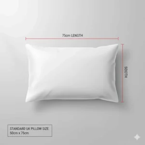 Diagram showing the standard pillow size in the UK, measuring 50cm width by 75cm length.