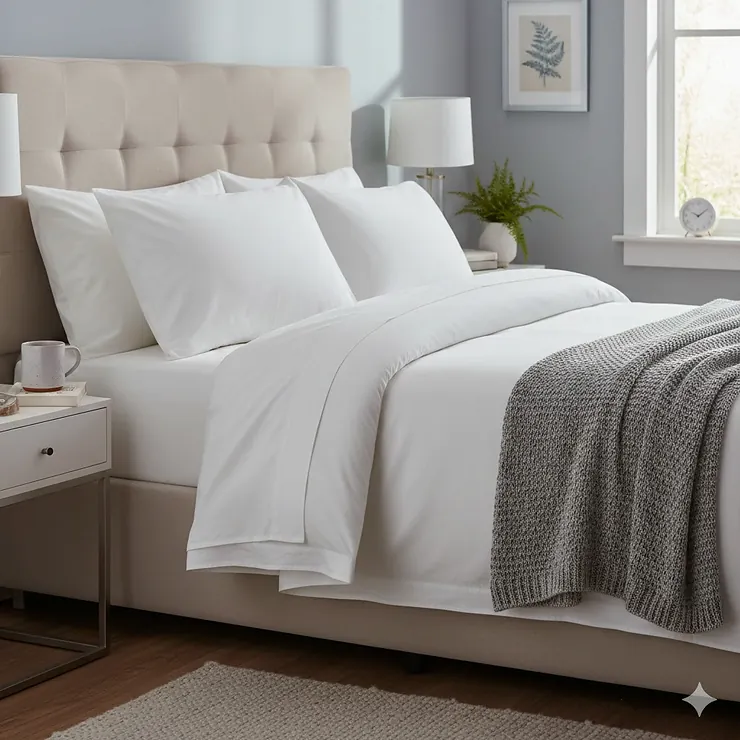 A pair of standard UK pillows in white cotton cases styled on a double bed, showing the common 50cm by 75cm dimensions. standard pillow size