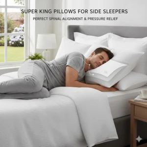 Illustration showing how a firm super king pillow provides neck support for side sleepers.