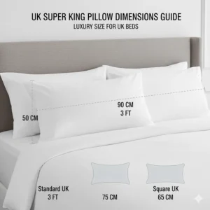 A diagram showing the dimensions of super king pillows (90cm length) compared to standard UK pillow sizes.