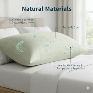 Alt text for image 4 Close-up of a sustainable bamboo and cotton pillow cover, ideal for temperature regulation in the UK climate.