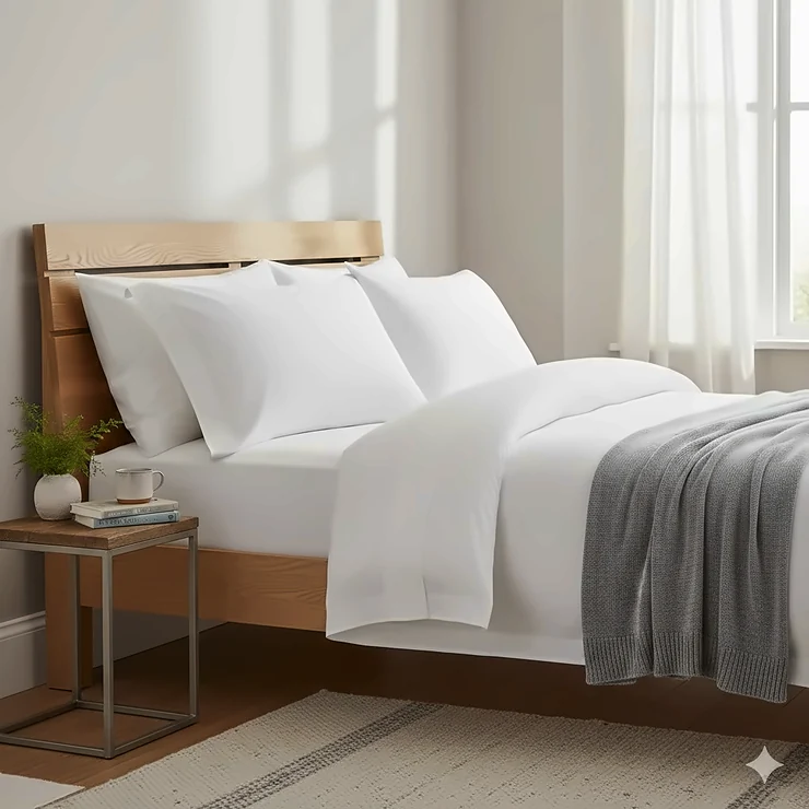 A pair of crisp white cotton Oxford pillows with decorative wide borders styled on a contemporary bed.