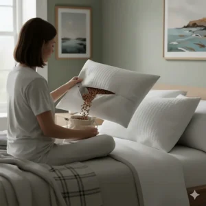 A person removing buckwheat hulls from a zipped inner cover to customise the pillow height.