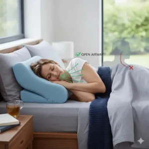 Illustration of a back sleeper resting on a central cervical groove to prevent tongue-base snoring.