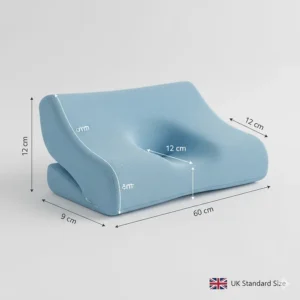 A diagram showing the UK standard dimensions and height of an anti-snoring bed pillow.