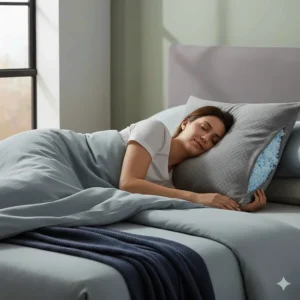 Diagram showing a back sleeper using a shredded memory foam pillow with a slightly lower profile for comfort.