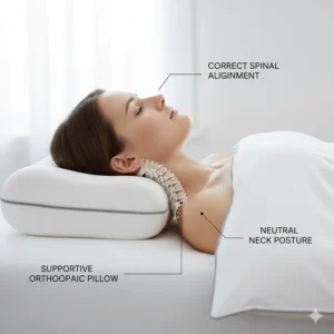 Detailed diagram showing correct neck and spinal alignment for back sleepers using a supportive orthopaedic pillow.