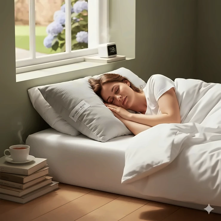A person sleeping comfortably on a bamboo charcoal pillow in a modern British bedroom setting. bamboo charcoal pillow benefits