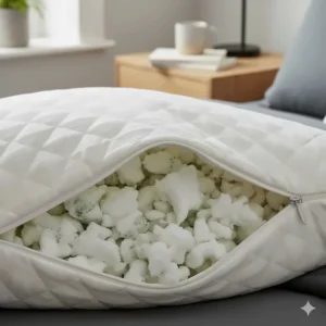 Close-up of the breathable shredded memory foam filling inside a zipped bamboo pillow cover.