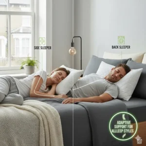 Illustration of the pillow's versatility for side sleepers and back sleepers in a British bedroom setting.