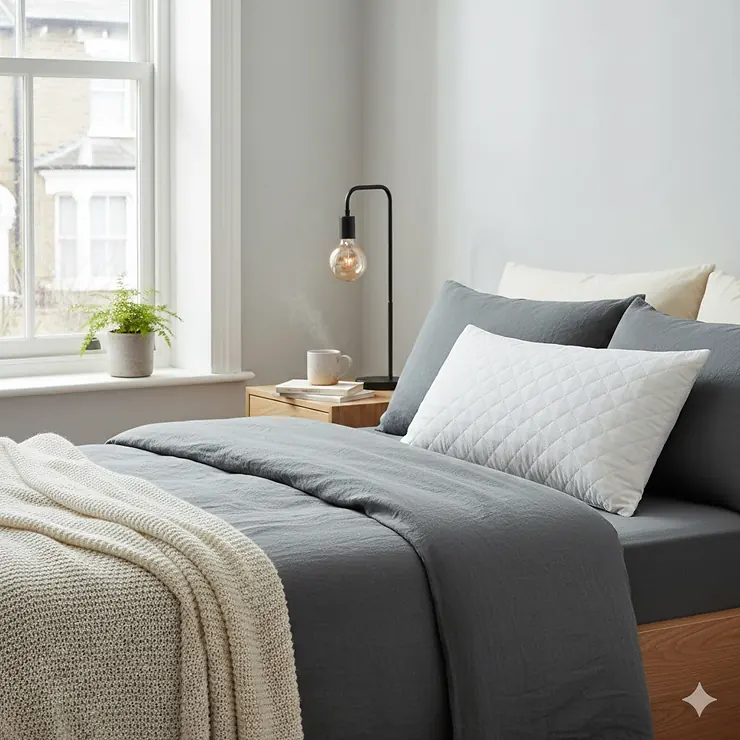 A luxurious white bamboo pillow with a quilted cover resting on a modern bed with grey linens in a bright British bedroom. bamboo pillow