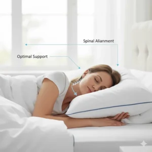 Illustration of a side sleeper with correct neck alignment using a supportive Hungarian goose down pillow.