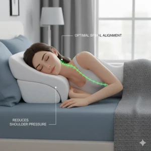 A side sleeper using a contoured memory foam pillow designed to reduce shoulder pressure.