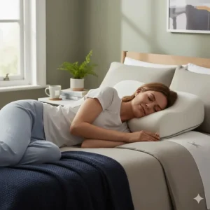 An illustration of a medium-firm memory foam pillow cradling the head of a back sleeper.