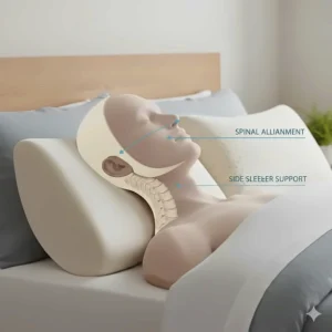 Illustration of a side sleeper using a high-loft memory foam pillow to maintain spinal alignment.
