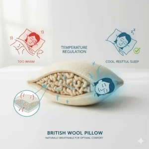 A diagram showing how a British wool pillow regulates temperature for a cool night's sleep.