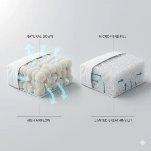 An illustration demonstrating the superior breathability and airflow of a natural down pillow compared to a synthetic microfibre alternative.