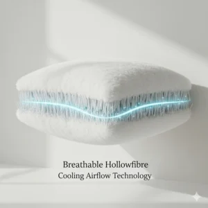 Detailed cross-section showing airflow through hollowfibre layers to regulate temperature during the night.