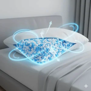 Graphic showing airflow through shredded memory foam pieces to prevent overheating during the night.