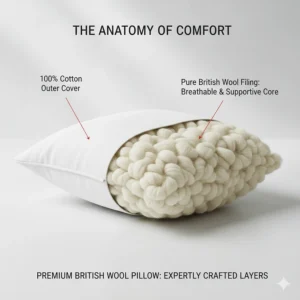 Cross-section diagram of a British wool pillow showing the cotton cover and wool core.