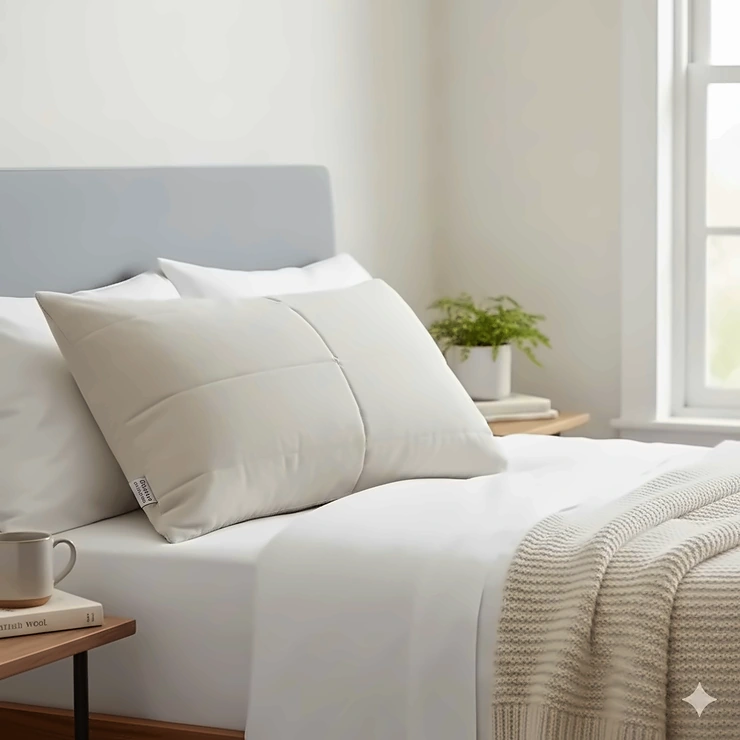 A luxurious British wool pillow styled on a bed with crisp white linen in a bright UK bedroom.