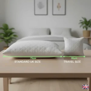 Size guide comparing a standard UK buckwheat pillow to a travel-sized version.