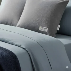 A shredded memory foam pillow with a badge indicating CertiPUR-UK certified foam for safety and quality.