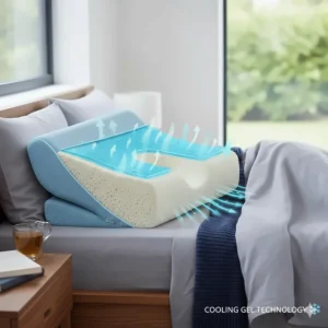 An illustration highlighting the cooling gel layer inside an anti-snoring pillow for temperature regulation.