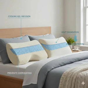 Illustration of a cooling gel-infused memory foam pillow designed to prevent overheating during summer nights.
