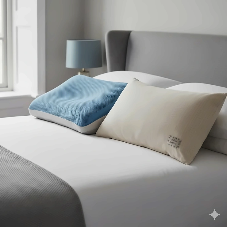 A side-by-side comparison of a blue gel-infused cooling pillow and a natural bamboo fibre pillow on a British-style bed. cooling pillow gel vs bamboo