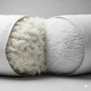 A high-detail close-up revealing the difference between natural down clusters and fine, synthetic microfibre strands used for pillow filling.