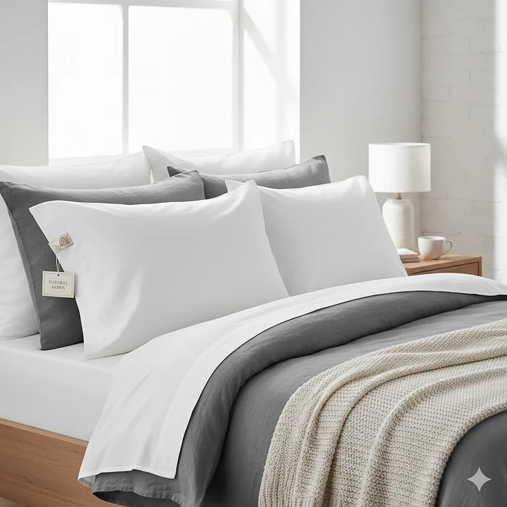 A professional lifestyle shot of a luxury goose down pillow and a plush microfibre pillow arranged on a bed with white linen and neutral tones. down vs microfibre pillow