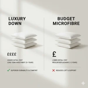 An infographic-style image representing the value for money and price points of luxury down versus budget-friendly microfibre pillows.
