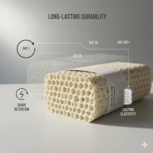 Illustration demonstrating how a high-quality latex pillow retains its shape and elasticity over many years.