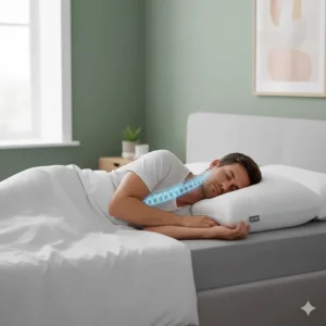 An illustration of the Emma Original pillow providing cushioning and support for a back sleeper in a clean British bedroom setting.